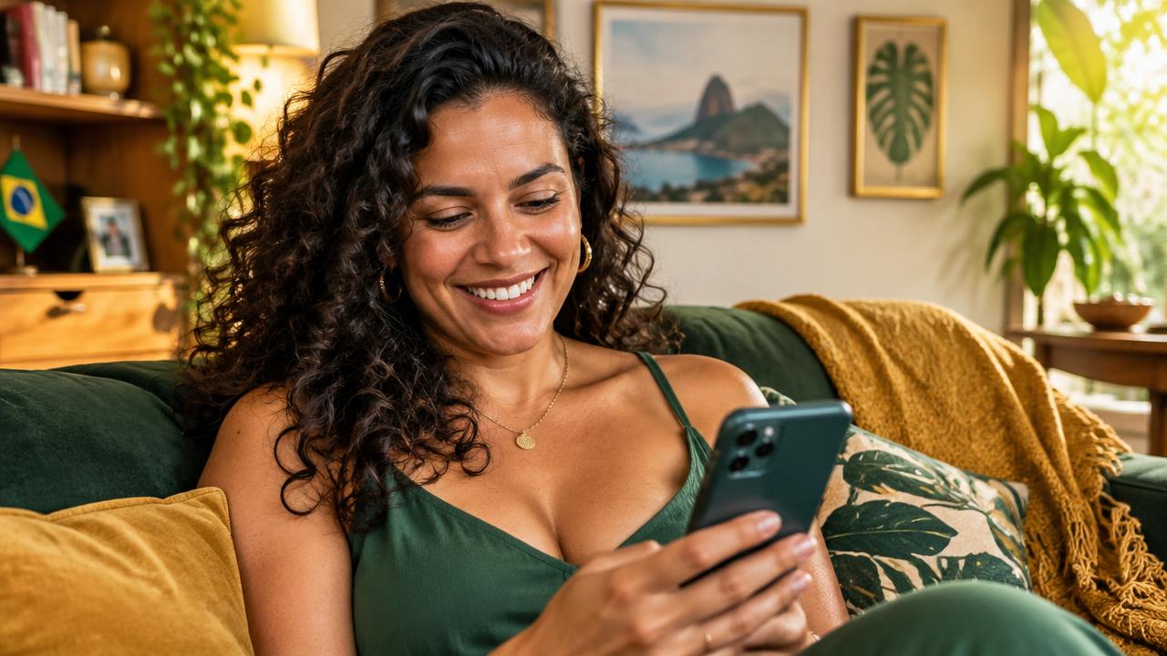Cliente feliz olhando o celular